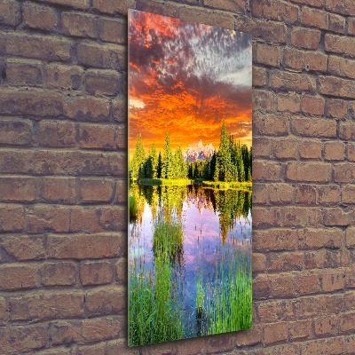 Modernes Acrylbild vertikal See im Wald
