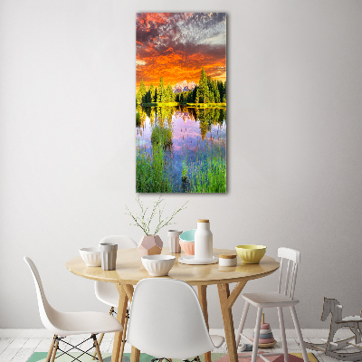 Modernes Acrylbild vertikal See im Wald