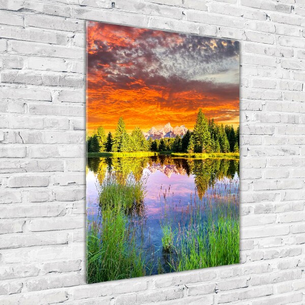 Modernes Acrylbild vertikal See im Wald