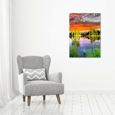 Modernes Acrylbild vertikal See im Wald