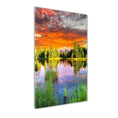 Modernes Acrylbild vertikal See im Wald
