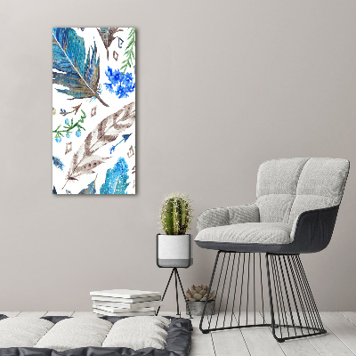 Modernes Acrylbild vertikal Federn und Blumen