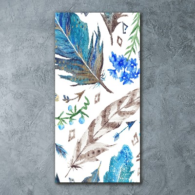 Modernes Acrylbild vertikal Federn und Blumen