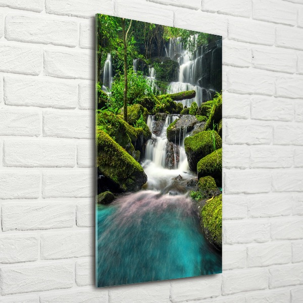 Modernes Acrylbild vertikal Wasserfall im Dschungel