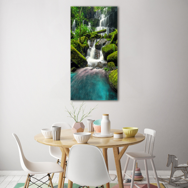Modernes Acrylbild vertikal Wasserfall im Dschungel