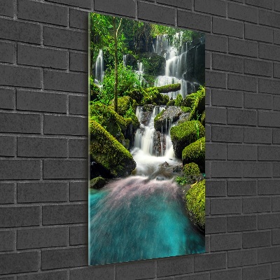 Modernes Acrylbild vertikal Wasserfall im Dschungel