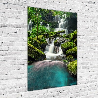 Modernes Acrylbild vertikal Wasserfall im Dschungel