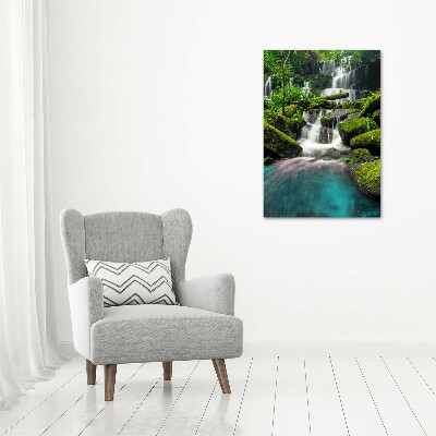 Modernes Acrylbild vertikal Wasserfall im Dschungel