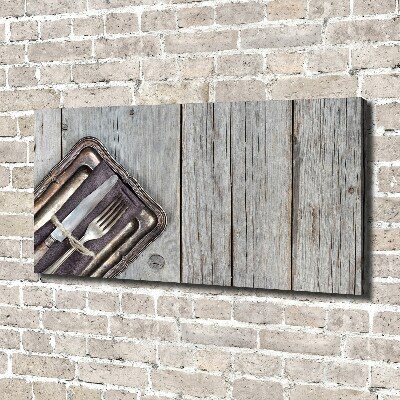 Bild auf leinwand Besteck auf Brettern