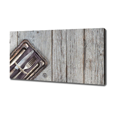 Bild auf leinwand Besteck auf Brettern