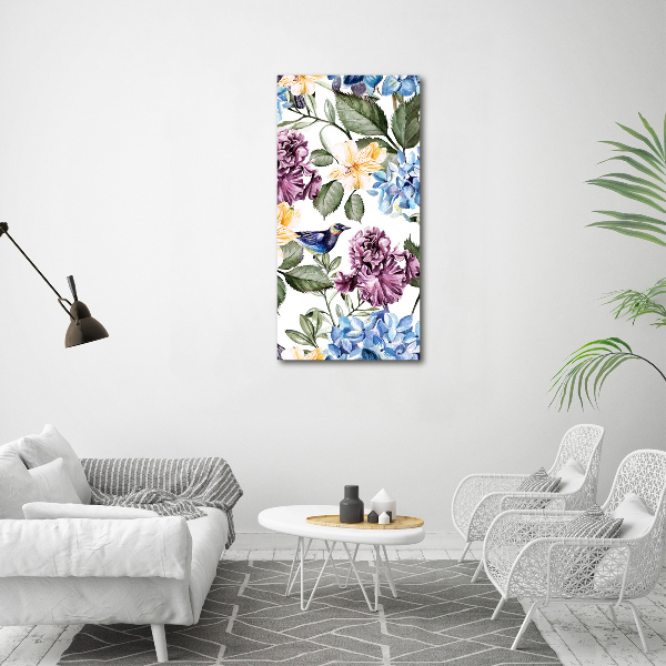 Wandbild vertikales Blumen und Vögel