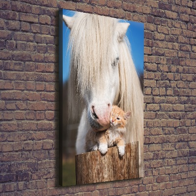 Foto auf leinwand vertikales Weißes Pferd mit einer Katze