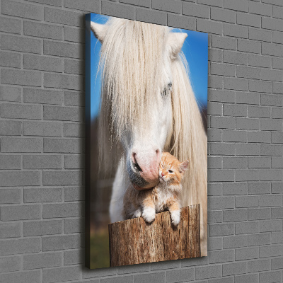 Foto auf leinwand vertikales Weißes Pferd mit einer Katze