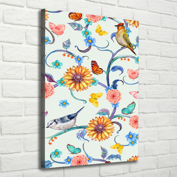 Wandbild vertikales Vögel, Schmetterlinge, Blumen