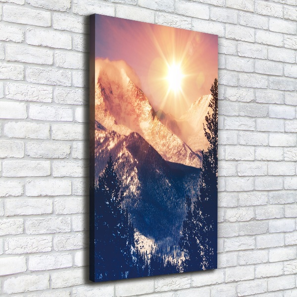 Foto auf leinwand vertikales Die Sonne über den Bergen