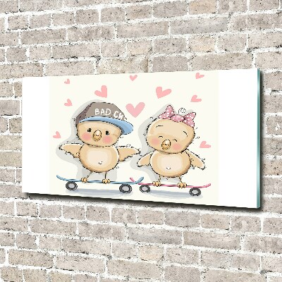 Foto glasbild Vögel auf einem Skateboard