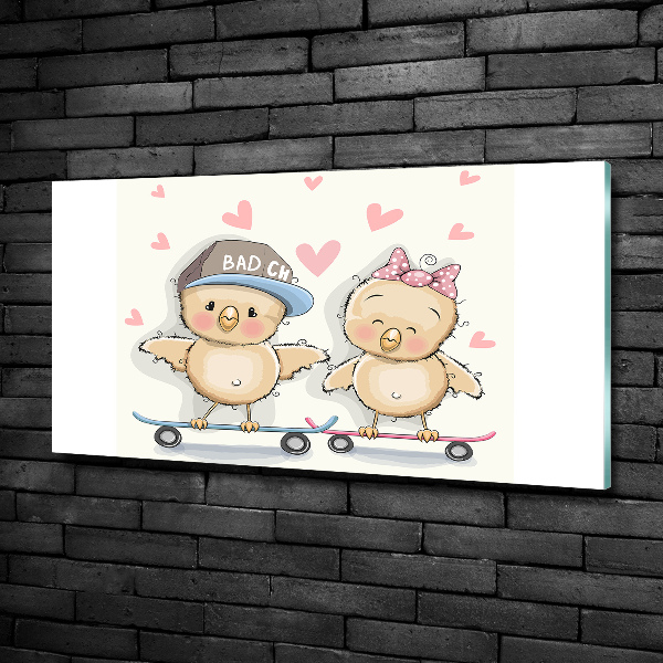 Foto glasbild Vögel auf einem Skateboard