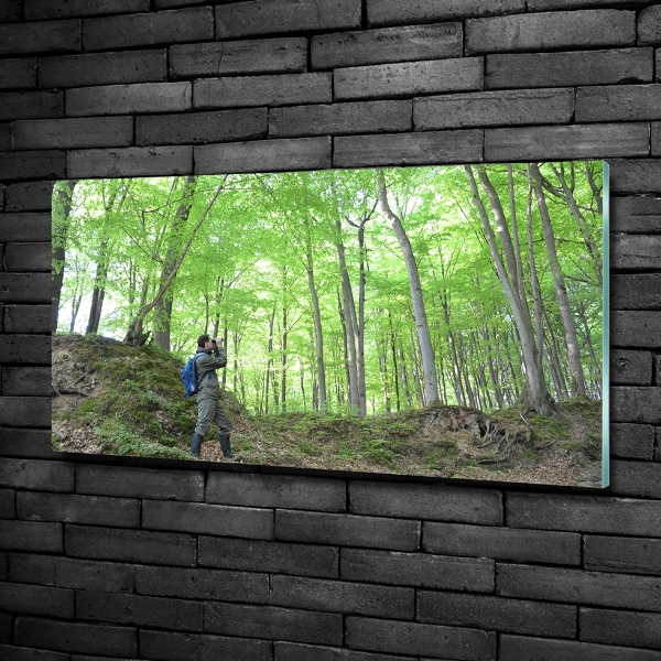 Foto glasbild Ornithologe im Wald