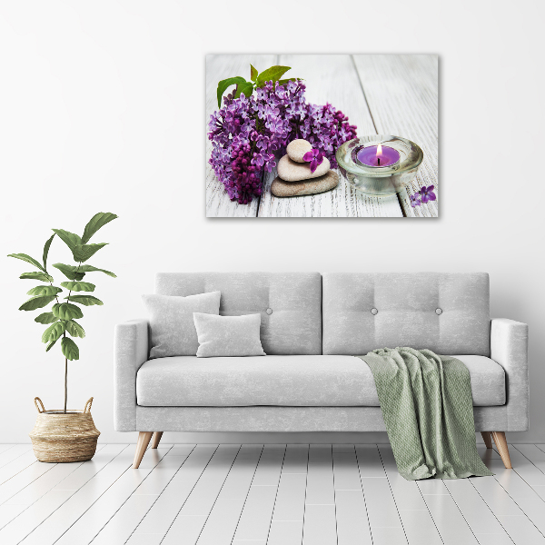 Foto glasbild Flieder- und Zen-Steine