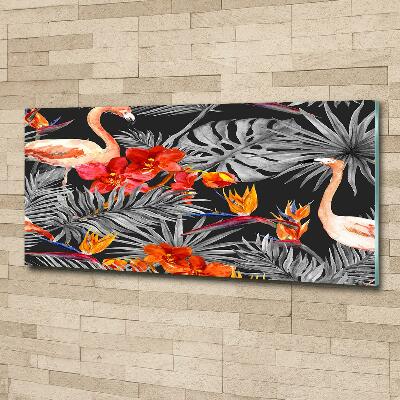 Glasbild Flamingos und Blumen