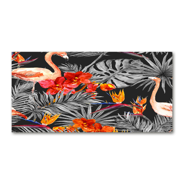 Glasbild Flamingos und Blumen