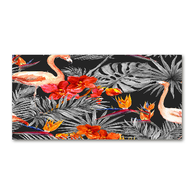 Glasbild Flamingos und Blumen