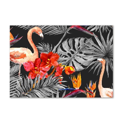 Glasbild Flamingos und Blumen
