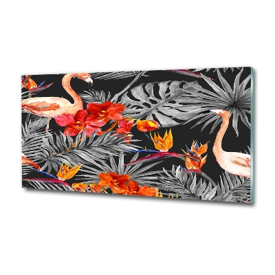 Glasbild Flamingos und Blumen