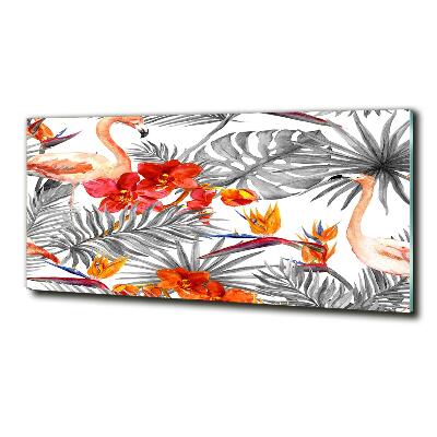 Foto glasbild Flamingos und Blumen