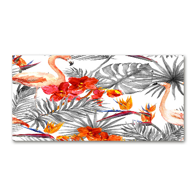Foto glasbild Flamingos und Blumen