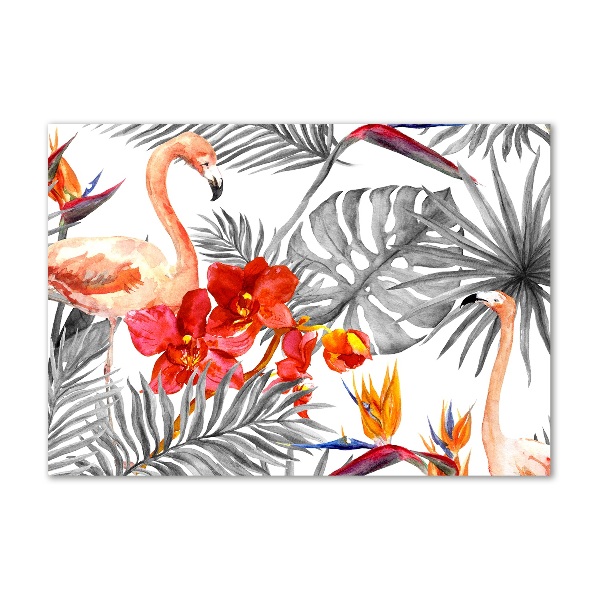 Foto glasbild Flamingos und Blumen