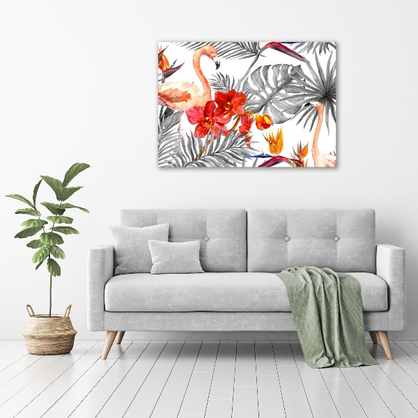 Foto glasbild Flamingos und Blumen