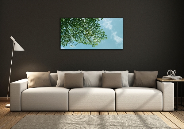 Glasbild Blätter am Himmel