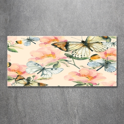 Foto glasbild Schmetterlinge und Blumen