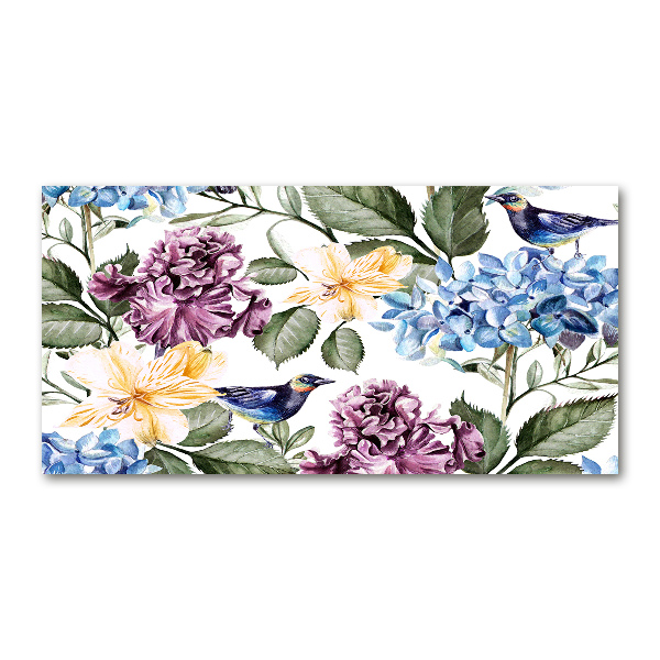 Foto glasbild Blumen und Vögel