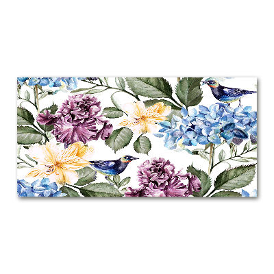 Foto glasbild Blumen und Vögel