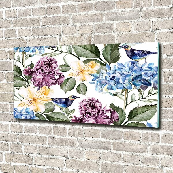 Foto glasbild Blumen und Vögel