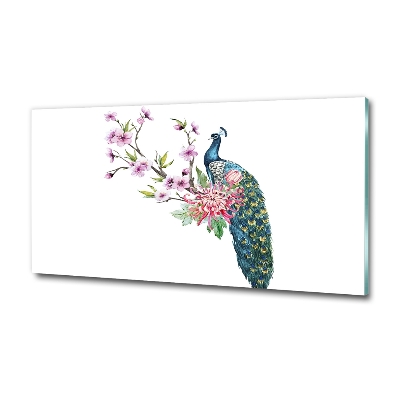 Foto glasbild Pfau und Blumen