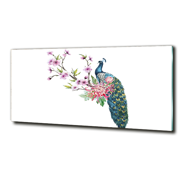 Foto glasbild Pfau und Blumen