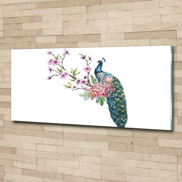 Foto glasbild Pfau und Blumen