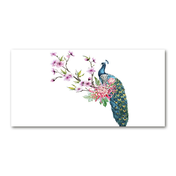 Foto glasbild Pfau und Blumen