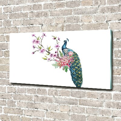 Foto glasbild Pfau und Blumen