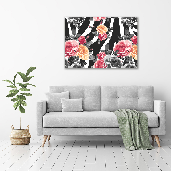 Glasbild Rosen vor Zebra-Hintergrund