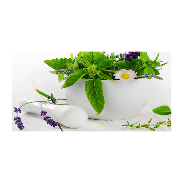 Foto glasbild Mörser und Kräuter