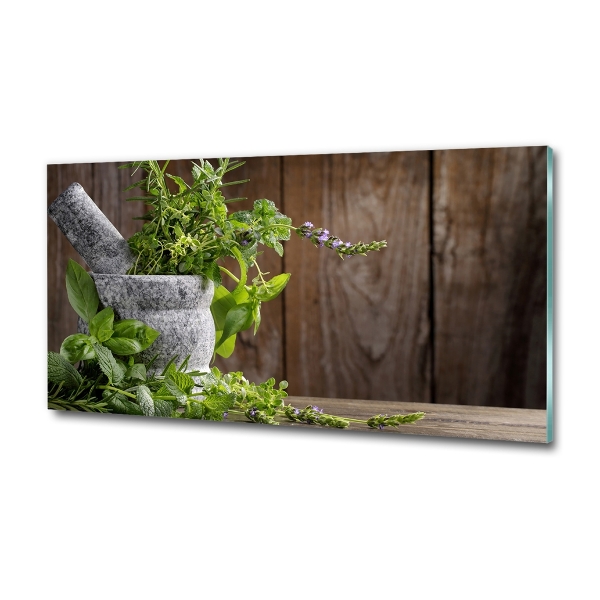 Foto glasbild Kräuter im Mörser