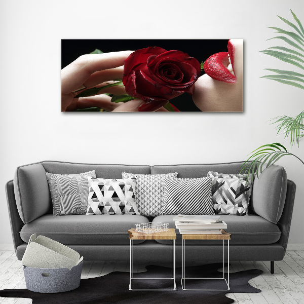 Glasbild Frau mit einer Rose