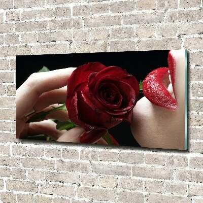 Glasbild Frau mit einer Rose