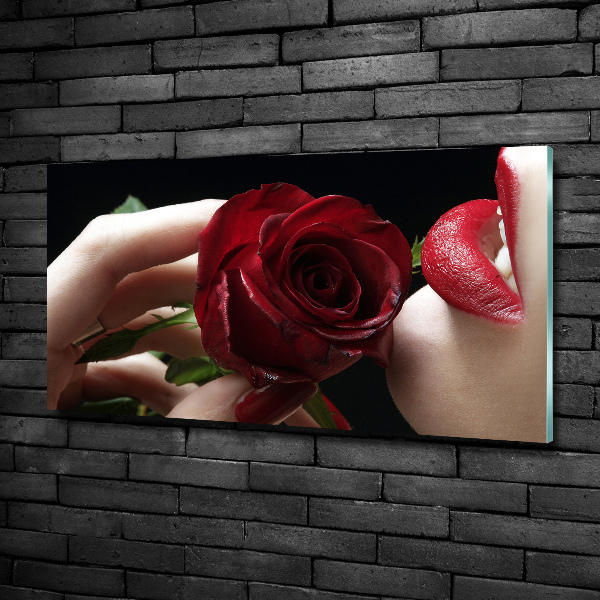 Glasbild Frau mit einer Rose