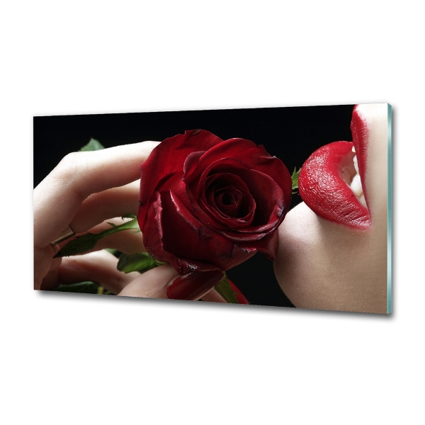 Glasbild Frau mit einer Rose