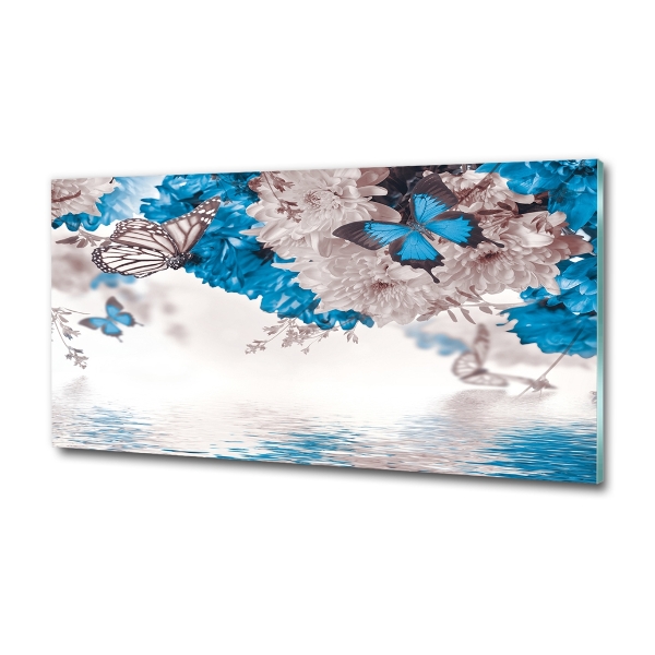 Glasbild Blumen und Schmetterlinge